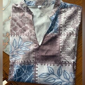 SHEIN Blue and Brown Graphic Long Sleeve Blouse